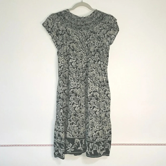 LOFT Floral Print Dress Sz Medium Smocked Green White Ruffle Cap Sleeves Cottage - Picture 1 of 14